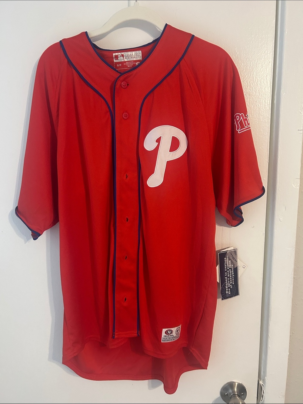 Genuine Merchandise Red Phillies-Style Button Baseball Jersey with Navy Piping